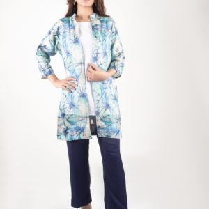 Cotton net cardigan with embroidered chicken cotton top and stone fabric trouser. 3 pieces set
