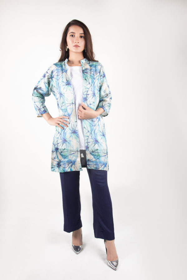 Cotton net cardigan with embroidered chicken cotton top and stone fabric trouser. 3 pieces set