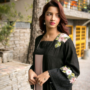 Self printed cardigan black and powder pink shirt with embroidered appliqué 2 piece set.