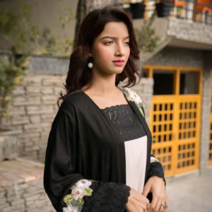 Self printed cardigan black and powder pink shirt with embroidered appliqué 2 piece set.