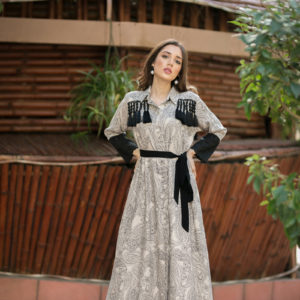 Shahtoosh fabric open long frock Chikan embroidered sleeves patch with tussle detailing on front and back 50 length