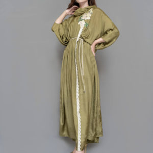 Allure Pure silk kaftan with detachable dupatta/ scarf, appliqué embroidery adorned with gold chain belt. Length 55