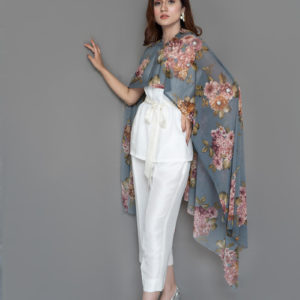 Blossom Cotton silk top with belt and trouser with pure printed tulle cape adorned with diamanté.