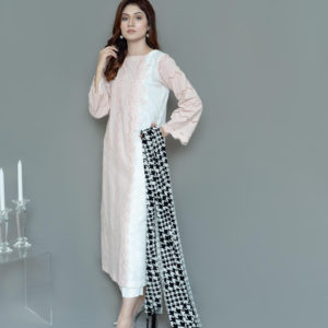 Pink plaid. Chicken embroidered and broché lawn shirt paired with Scottish net dupatta 2 piece set